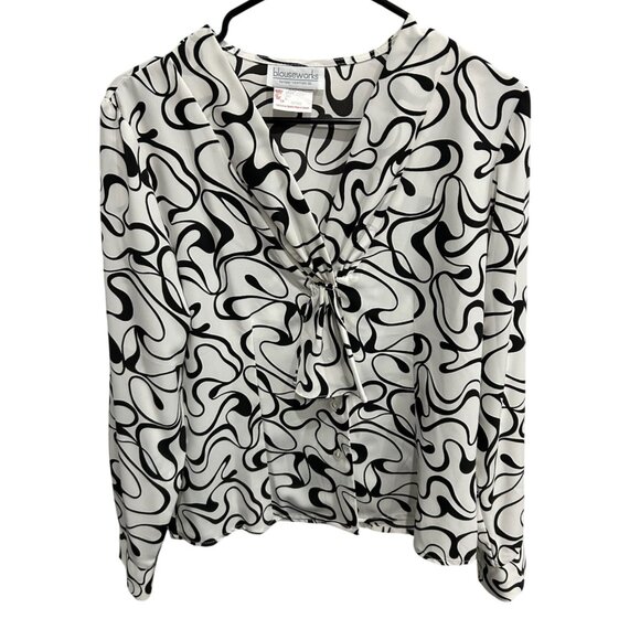 Blouseworks Black White Abstract Print Blouse Front Tie Detail Top Size Medium - Picture 1 of 10